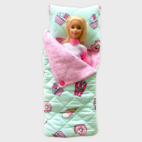 11 inch Barbie sized Green and pink sleeping bag