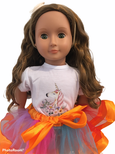 18 inch Rainbow Unicorn Skirt and Top Set.