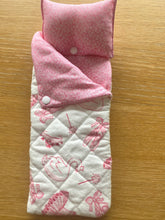 Load image into Gallery viewer, Pink Ballet Patterned sleeping bag for 11 inch dolls.