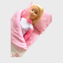 Load image into Gallery viewer, Pink Ballet Patterned sleeping bag for 11 inch dolls.