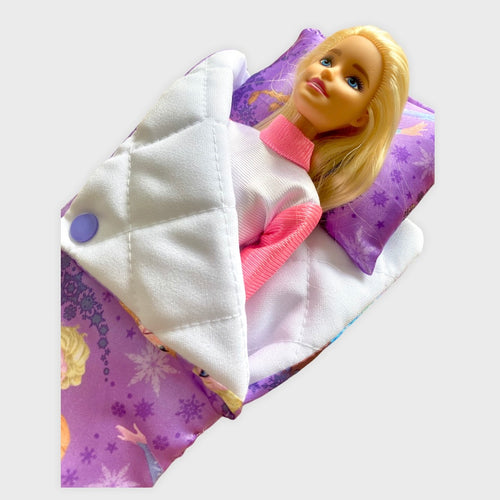11 inch Purple Frozen Themed sleeping bag for Barbie sized doll.
